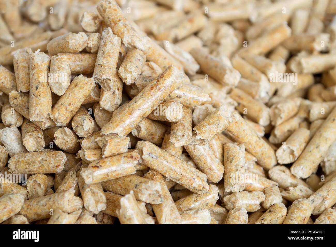 Wooden pellets close up with selective foocus. Alternative biofuel from sawdust for burning in furnaces and stoves. Litter for cat and hamster. Stock Photo