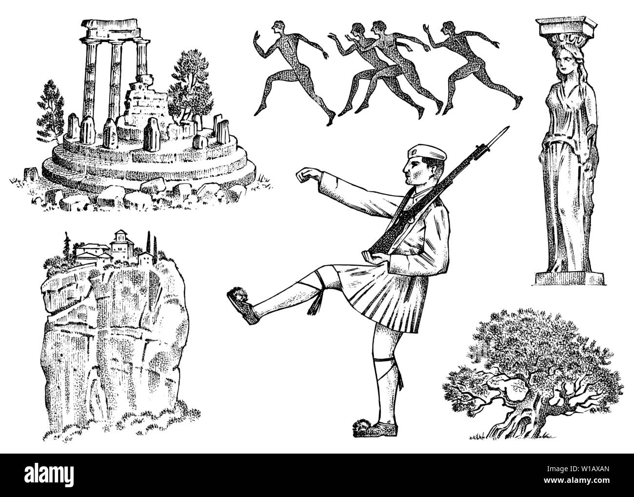 Greek culture. Set of national symbols. Ruins and rock, military and statue in a column, marathon runners and a tree. Hand drawn engraved sketch in Stock Vector