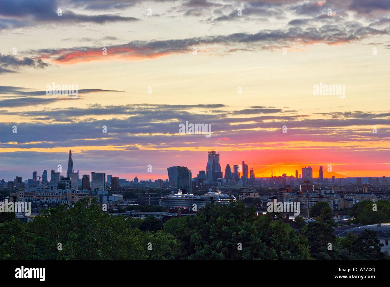 Sequence of images of a sunset over London Skyline viewed from greenwich , England, UK Stock Photo