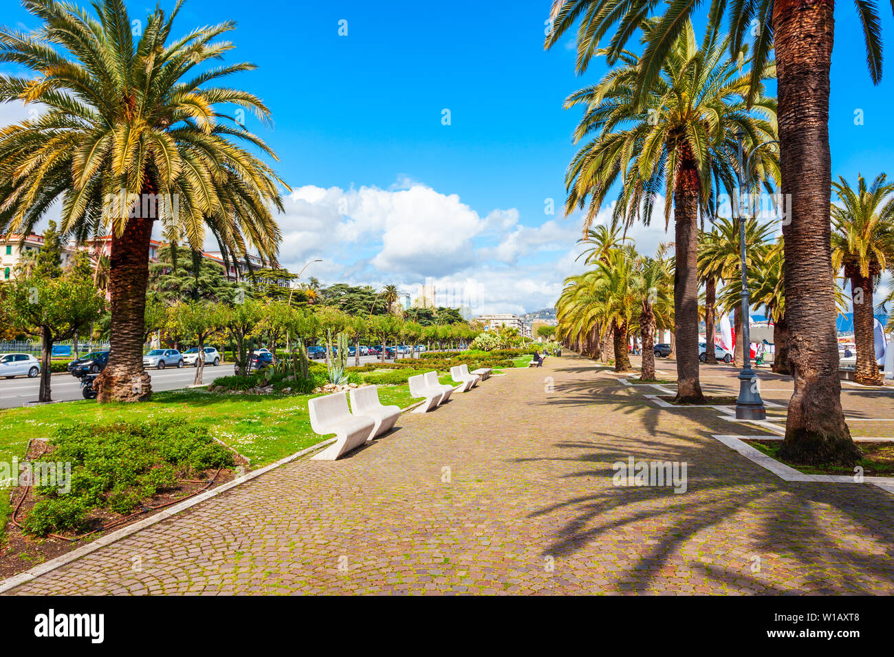Promenade in the public park near the La Spezia city port, Liguria region of Italy Stock Photo