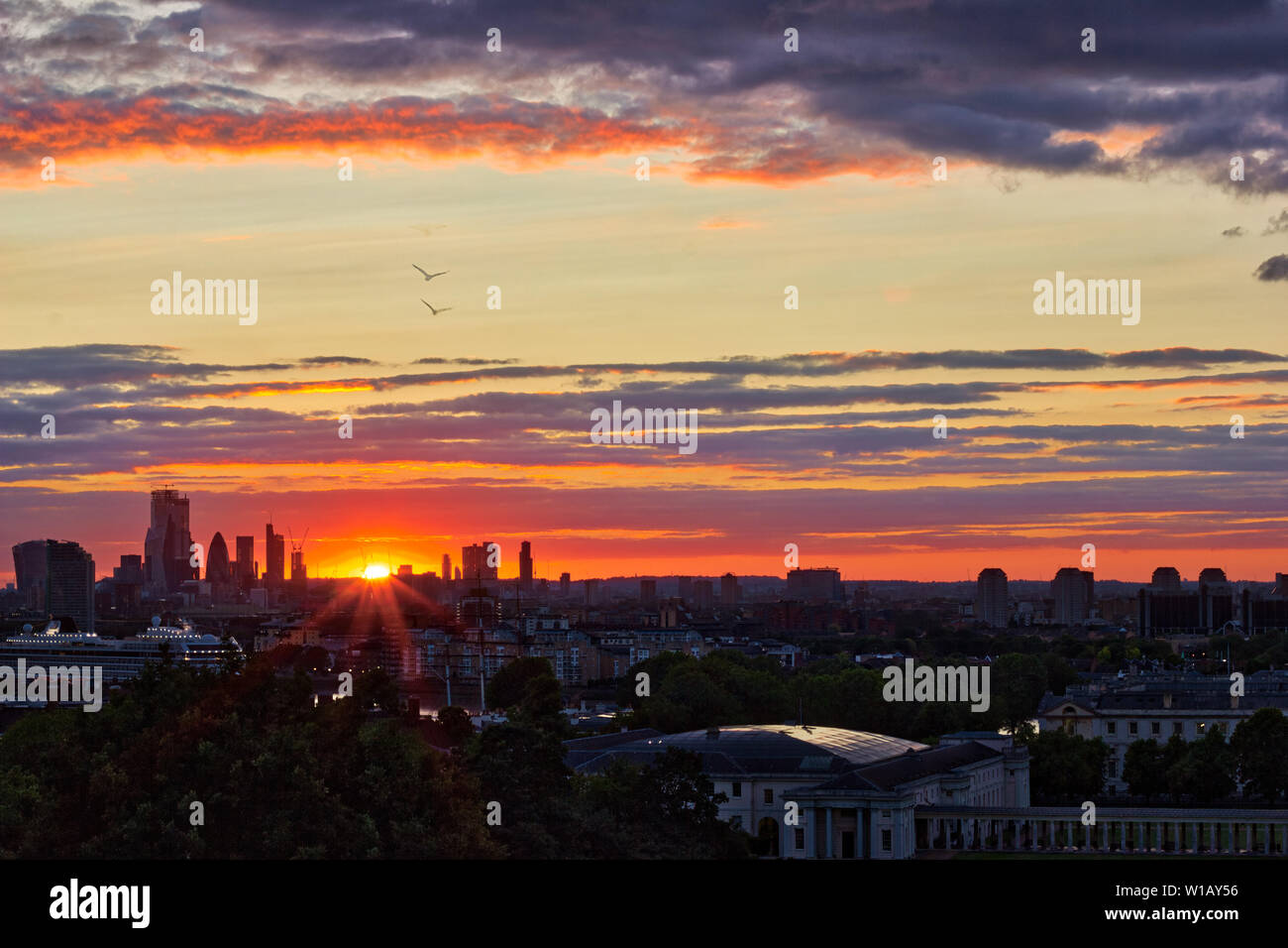 Sequence of images of  sunset over London Skyline viewed from Greenwich , England, UK Stock Photo