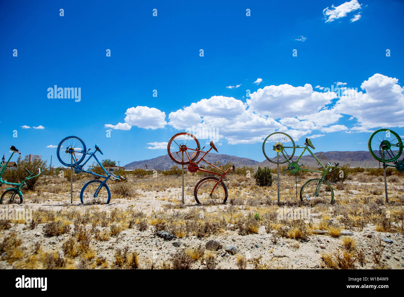 Bicycle Art instalation on a side of a desert Highway 62 in California, near Rice, USA Stock Photo