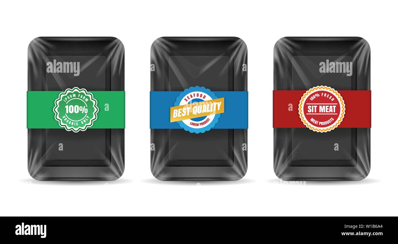 Plastic food container with label set. Empty packaging foods tray packs