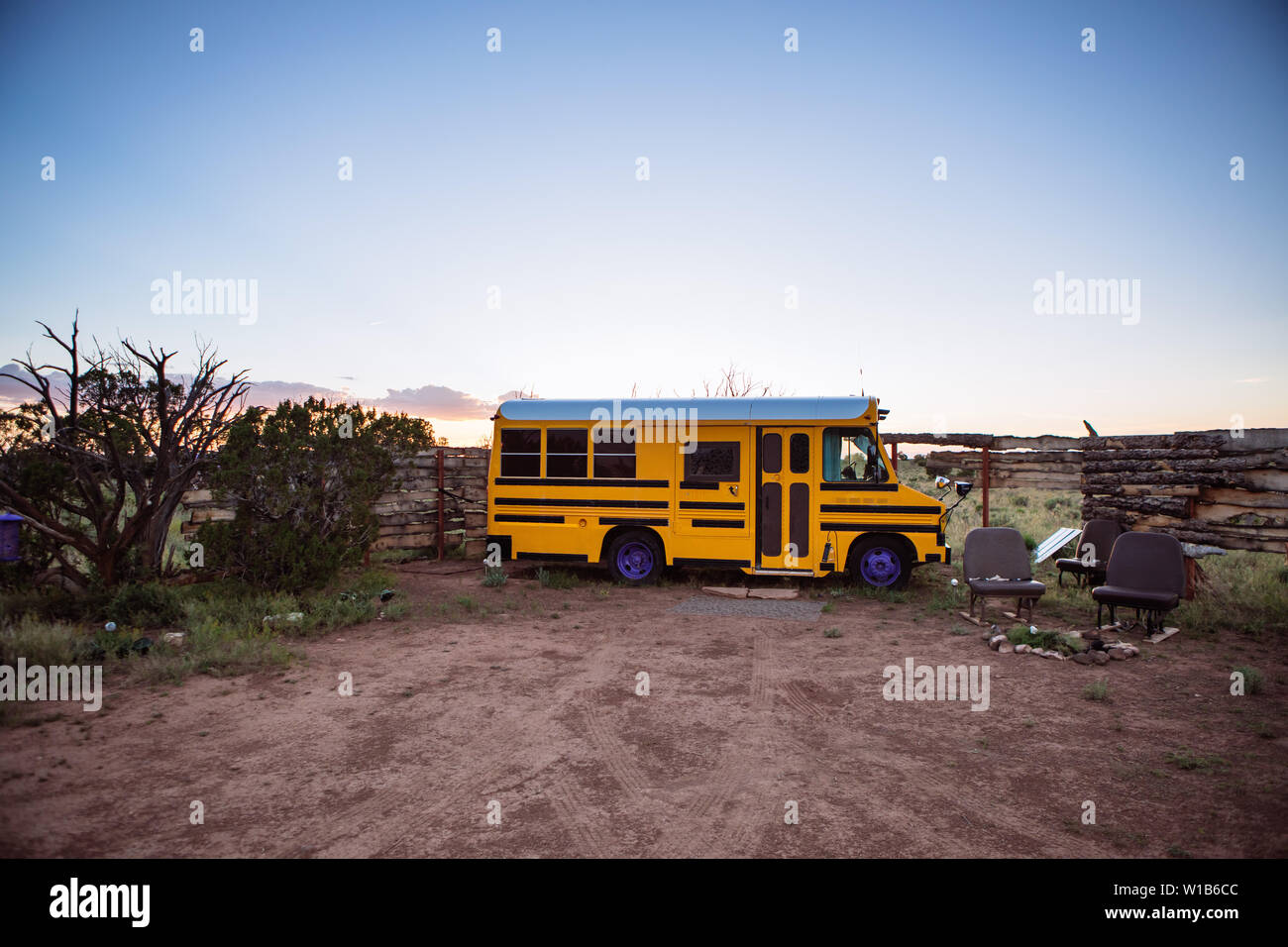 School bus lodging Alternative Eco friendly Campground Glamping 'The Nest' in Williams, Arizona, USA, near the Grand Canyon Stock Photo