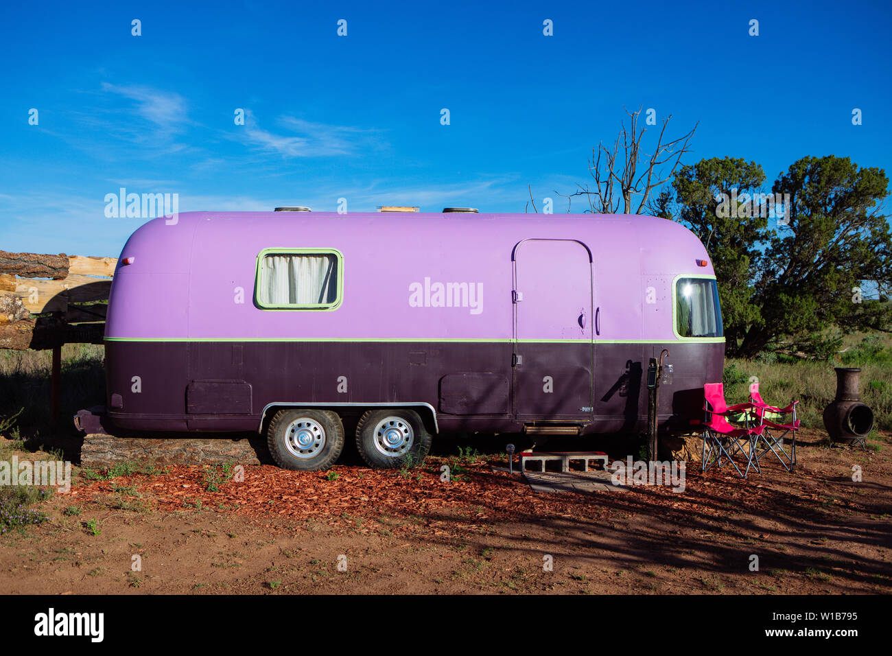 Airstream trailer lodging in an Alternative Eco friendly Campground Glamping 'The Nest' in Williams, Arizona, USA, near the Grand Canyon Stock Photo