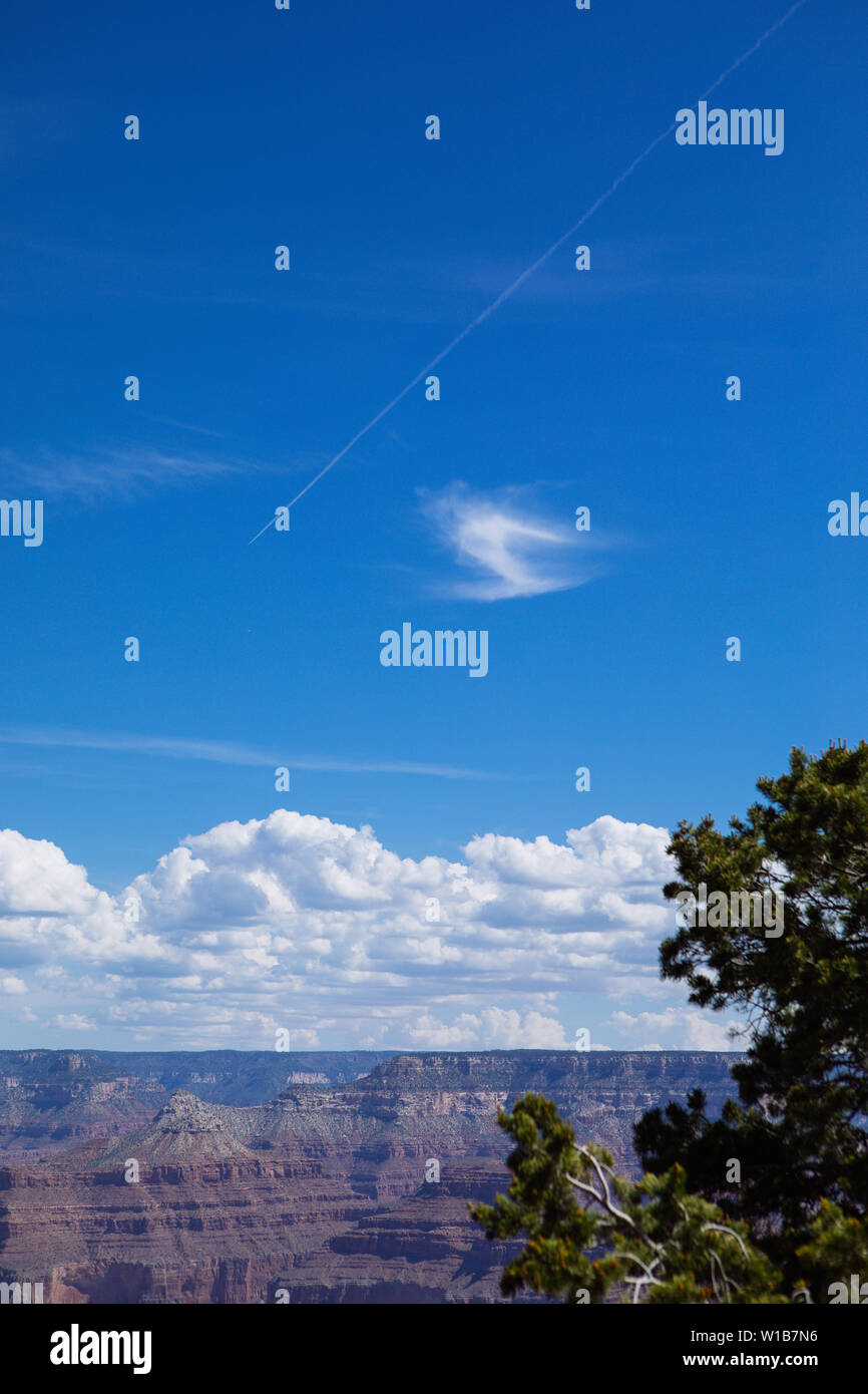 Chemtrail or contrail in the sky over the Grand Canyon, South Rim, Grand Canyon National Park, Arizona, USA Stock Photo