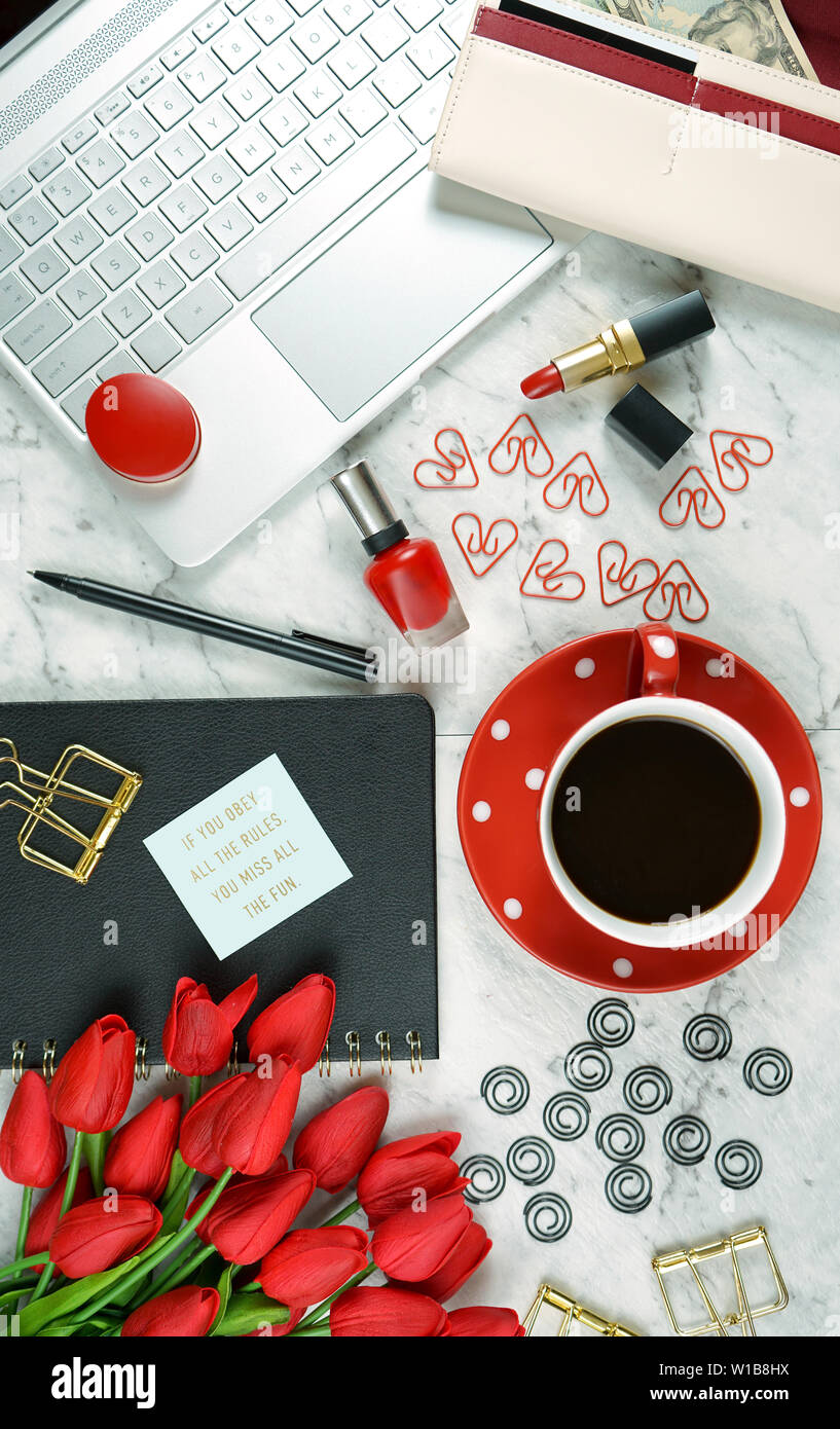 Modern Stylish Feminine Desk Or Workspace Coffee Break With High