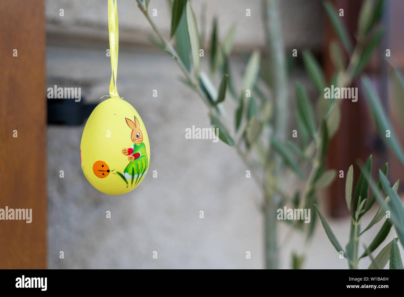 yellow easter egg hanging on an olive tree branch Stock Photo