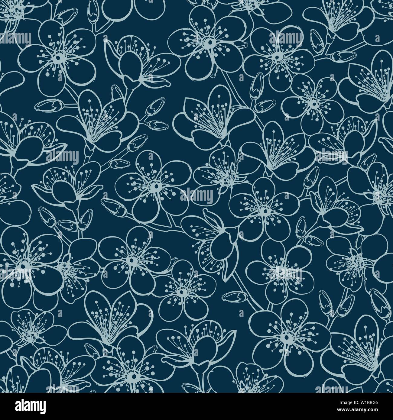 Vector dark blue background grey outlines cherry blossom sakura flowers