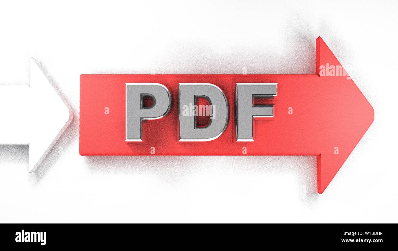 PDF red arrow to the right, with metallic chrome write - 3D rendering