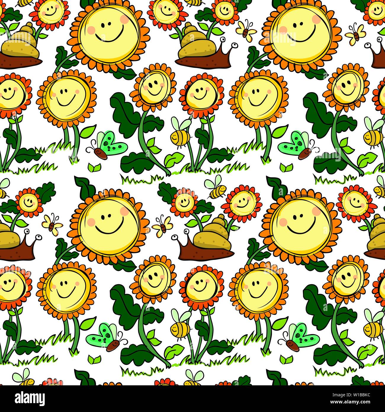 Flowers and snail coloured with white background seamless pattern Stock Vector