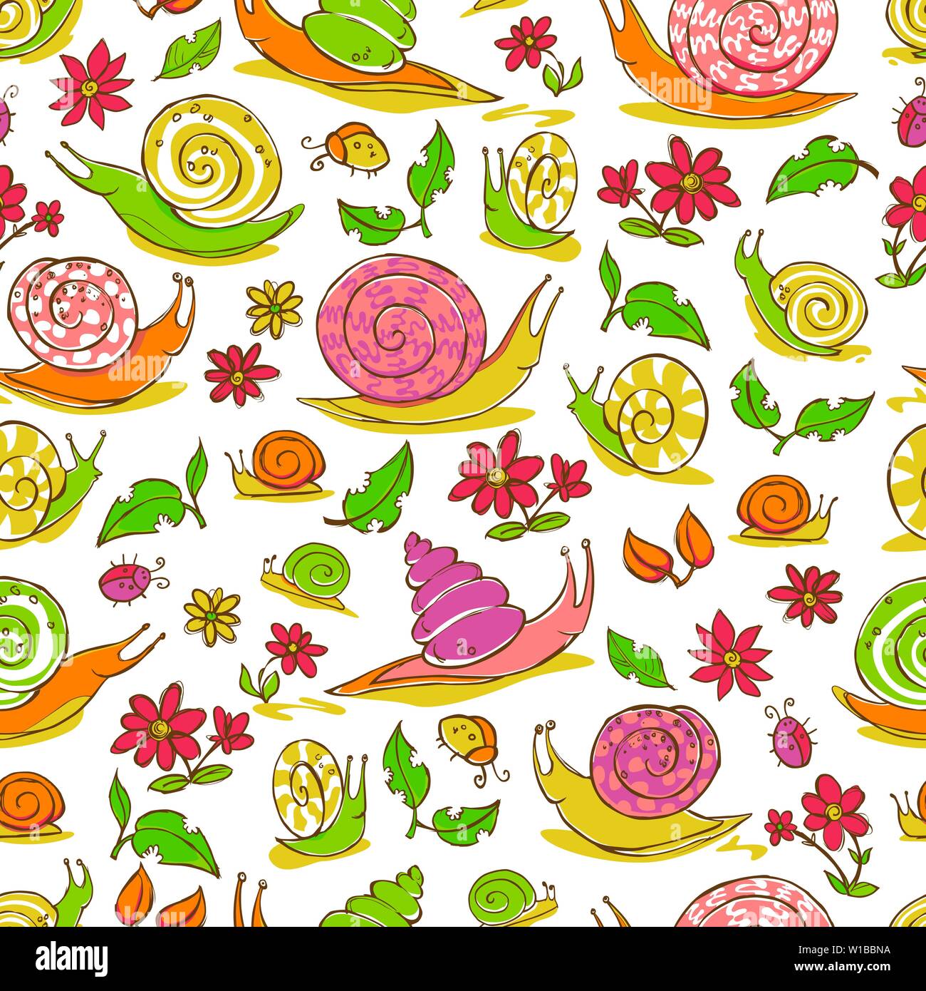 Vector white hand drawn snails and flowers repeat pattern. Suitable for gift wrap, textile and wallpaper. Stock Vector