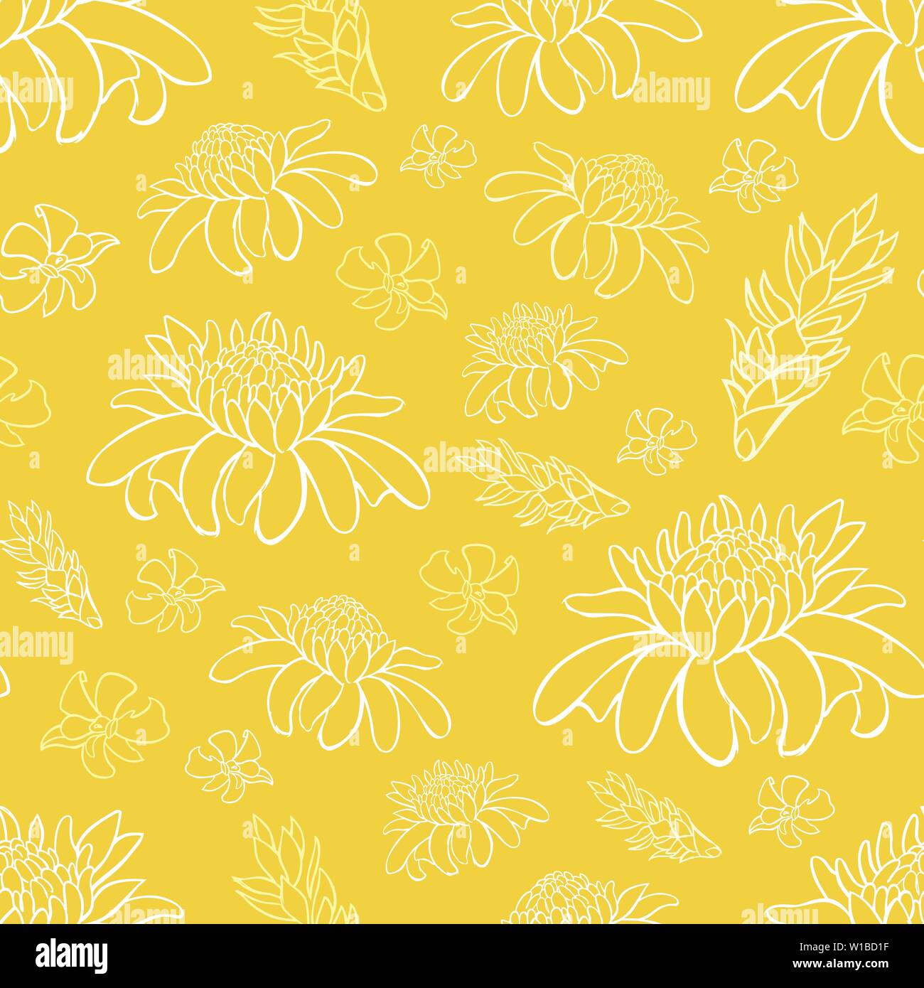 Vector yellow tropical beach resort repeat flowers pattern. Suitable for gift wrap, textile and wallpaper. Stock Vector