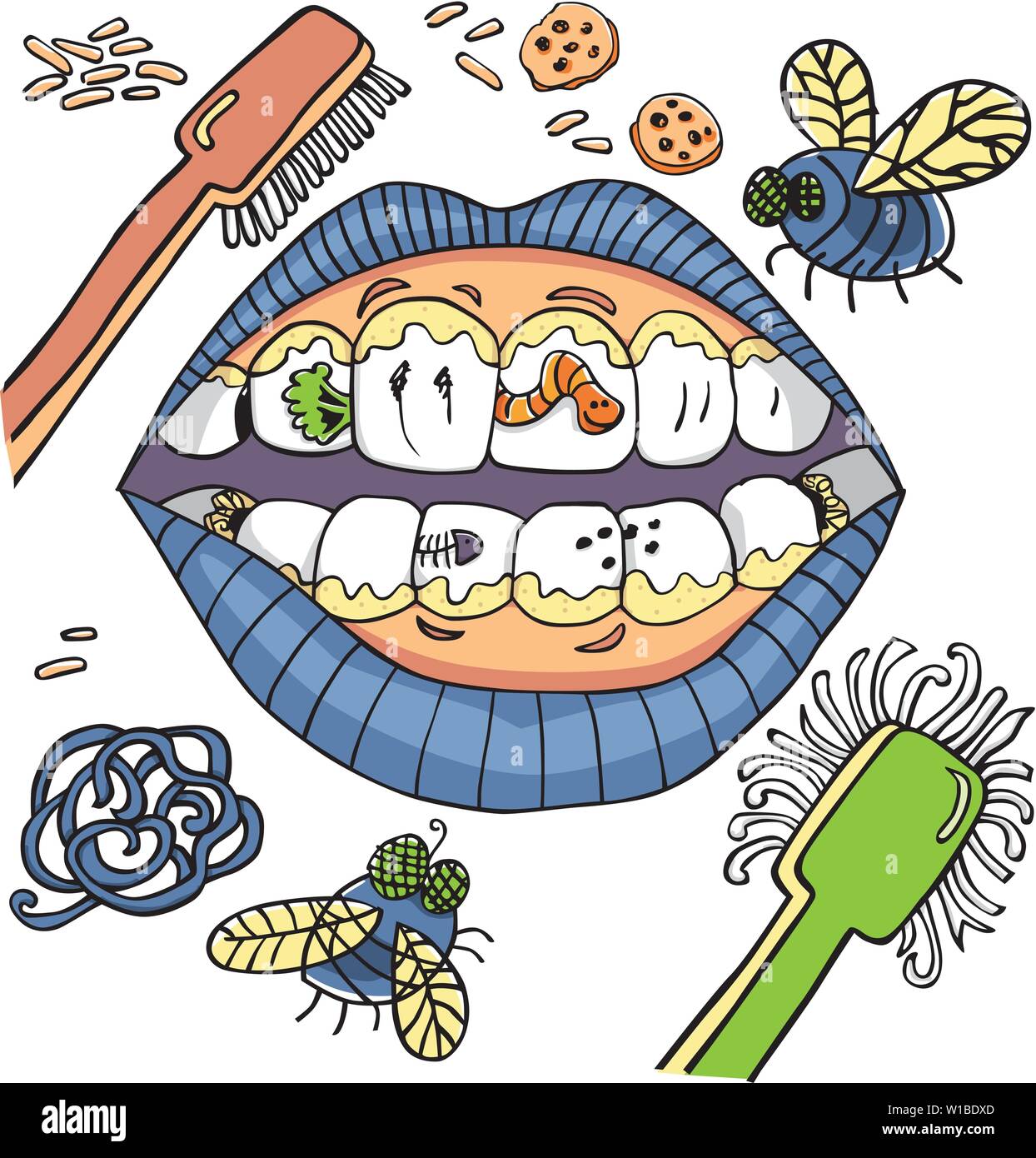 Vector dental hygiene humour with mouth showing dirty teeth with worms and plaque and vegetables. Stock Vector