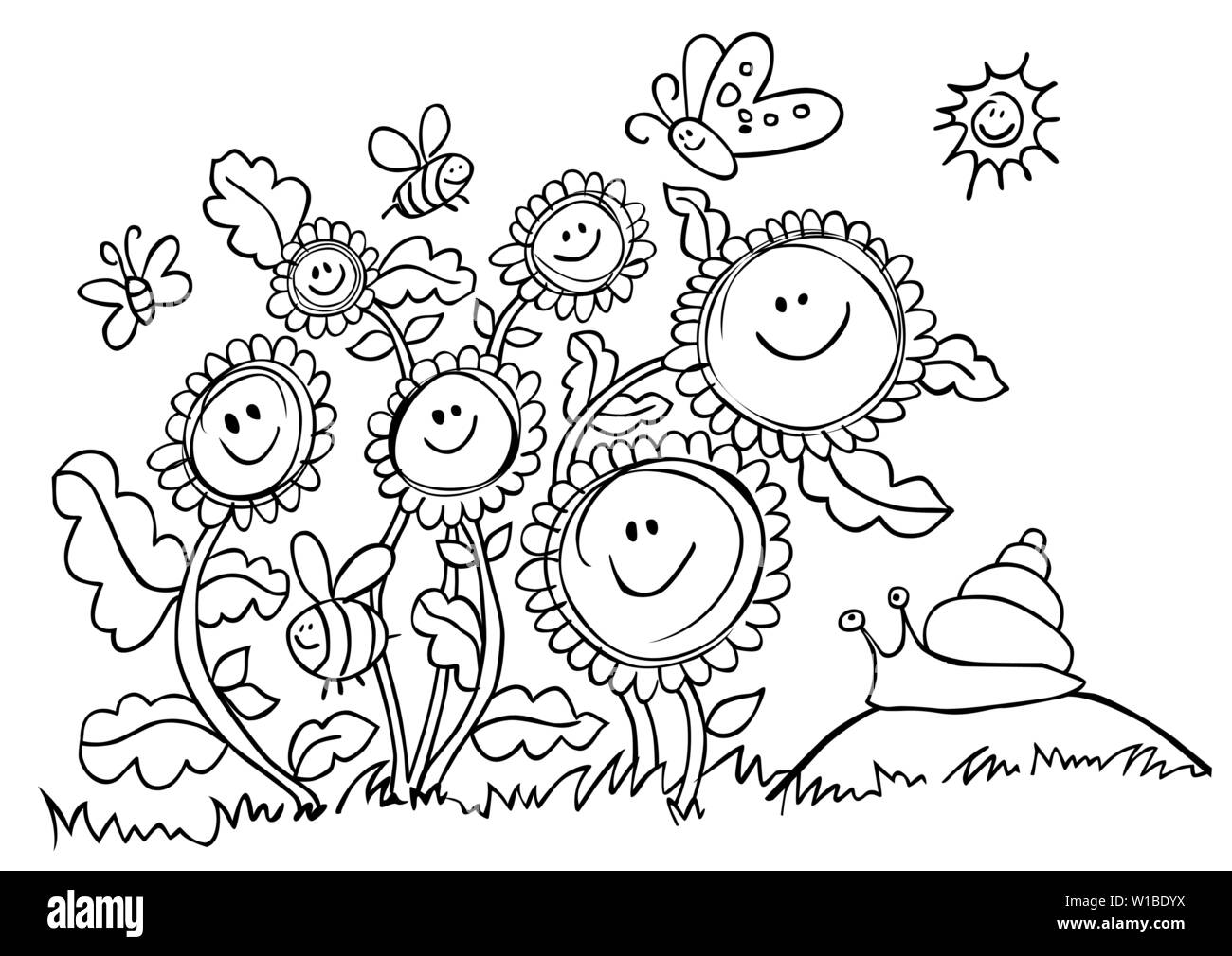 Vector black and white happy cartoon sunflowers and snail illustration. Suitable for greeting cards or colouring activity sheet. Stock Vector