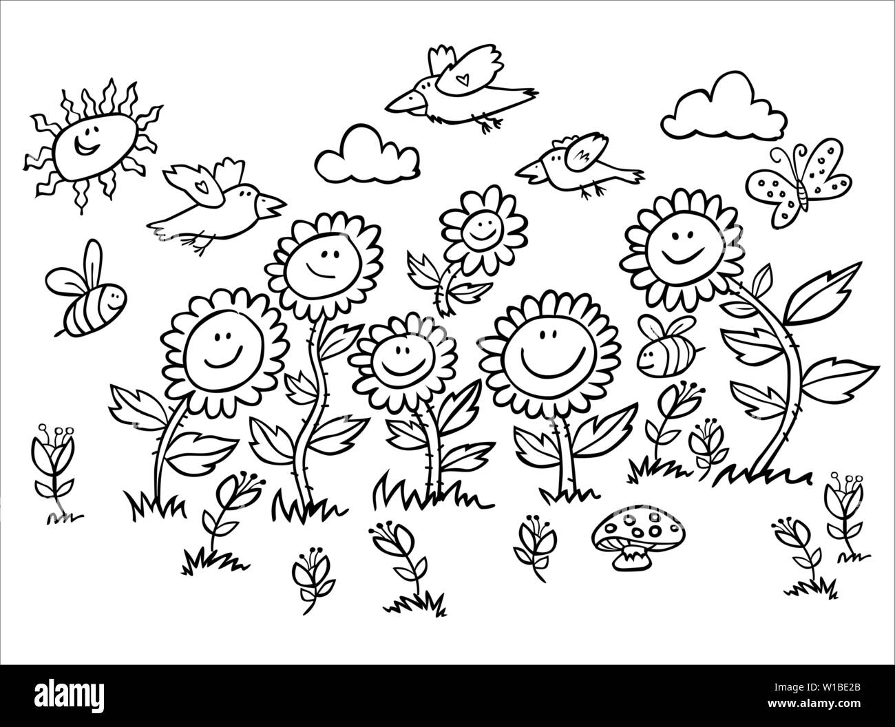 Vector black and white cartoon sunflowers, birds and bees illustration. Suitable for greeting cards or colouring activity sheet. Stock Vector