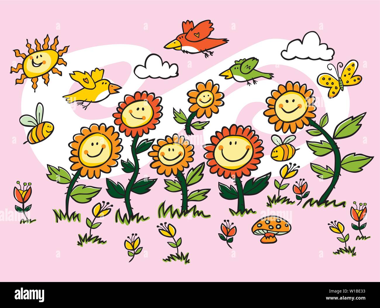 Vector colorful cartoon sunflowers, birds and bees illustration. Suitable for greeting cards and wall murals. Stock Vector