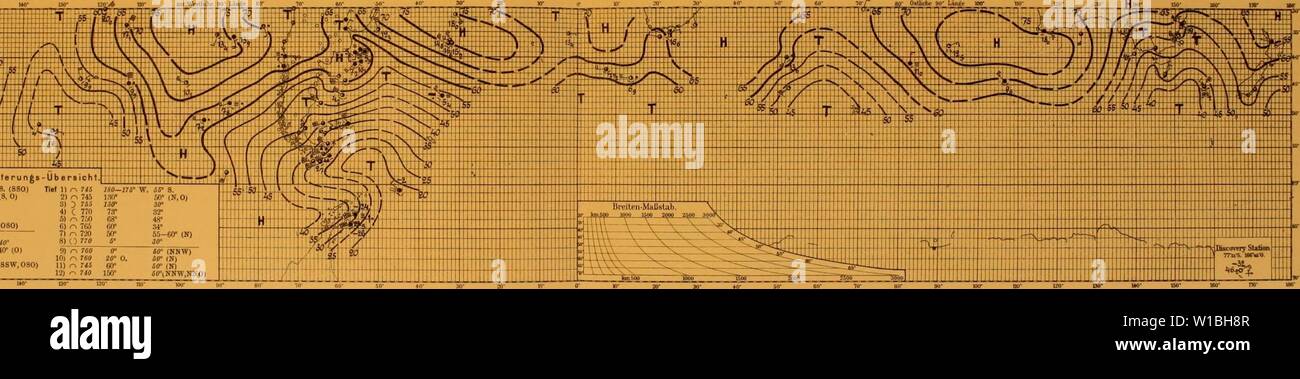 Archive image from page 40 of Deutsche Südpolar-Expedition, 1901-1903, im Auftrage. Deutsche SÃ¼dpolar-Expedition, 1901-1903, im Auftrage des Reichsamtes des Innern . deutschesdpola1311deut Year: 1911  rJ--:J4i' 6 I 55 ,/ l-   Witterungs-Ubersichtj Hoch 1) Â» 765 160' W.  - 7Gn lor S5Â° 3) 3 755 jjir 30Â° 4) :) 7Â« aoÂ° Ã5Â° 4( t; 770 73- 32Â» 5Â» ' 760 60- 40Â° 5) /'â¢ 7Ã¶O 68' 4RÂ° 6) '-' 775 â 10' S5' (OSO) 6) r. 765 6(f 7)  770 &' o. JA' ' 7) r T20 50' 8)  765 JÃ¶' J5â(Â» 8Â» O 7r0 6' 9) O 775 J0Â«Â° ;i')-40Â° (0) 10) i-' 7(15 i 11) r. 7Â« 60 SO' (N) 12)  7J0 150Â° iffÂ°tNrw,NNO)    leo Stock Photo