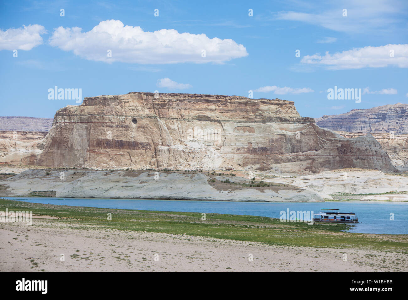 A houseboat in Lone Rock Beach, Lake Powell, Big Water, Utah, USA Stock