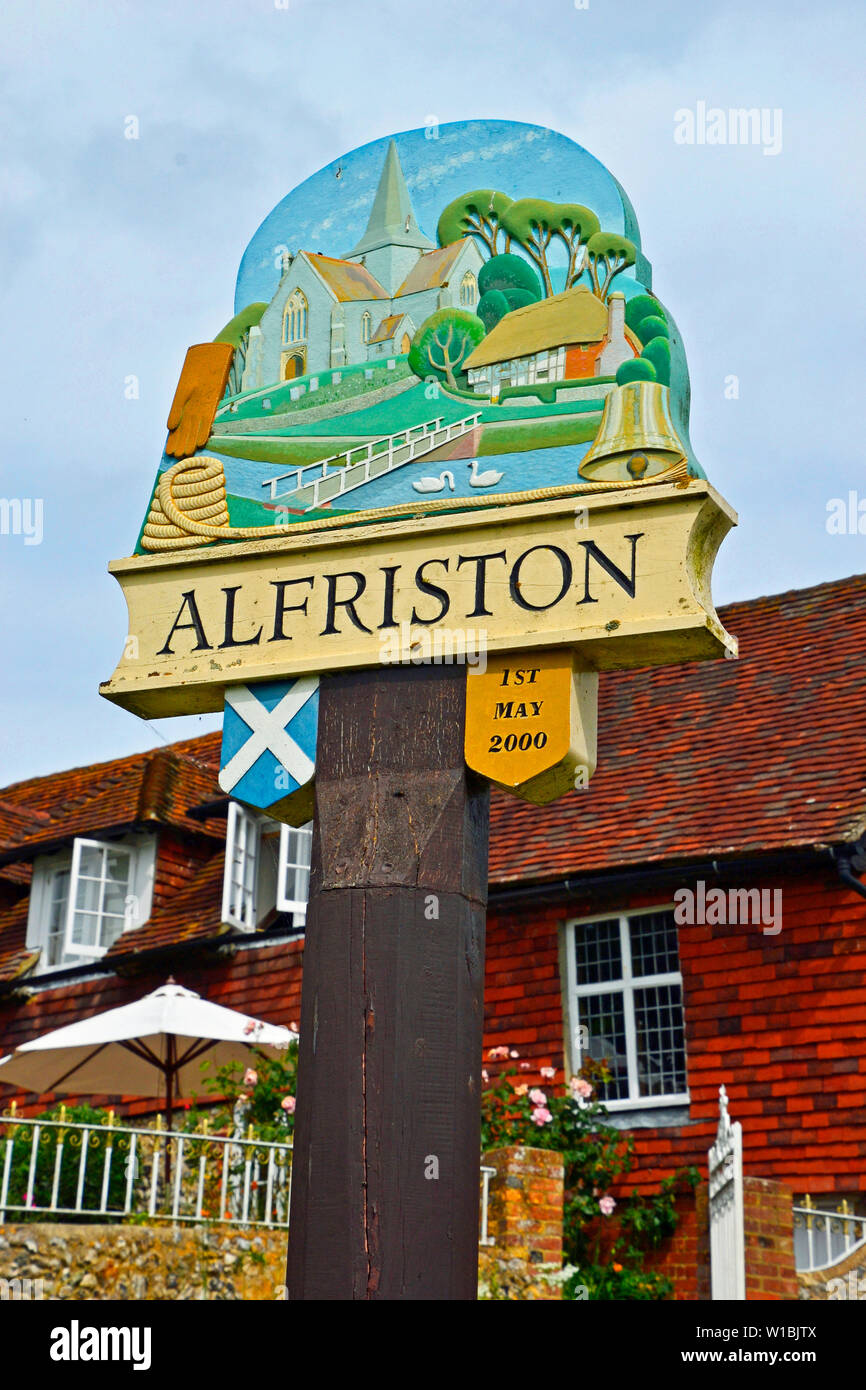 Alfriston sign on the village green, Alfriston, East Sussex, UK Stock Photo