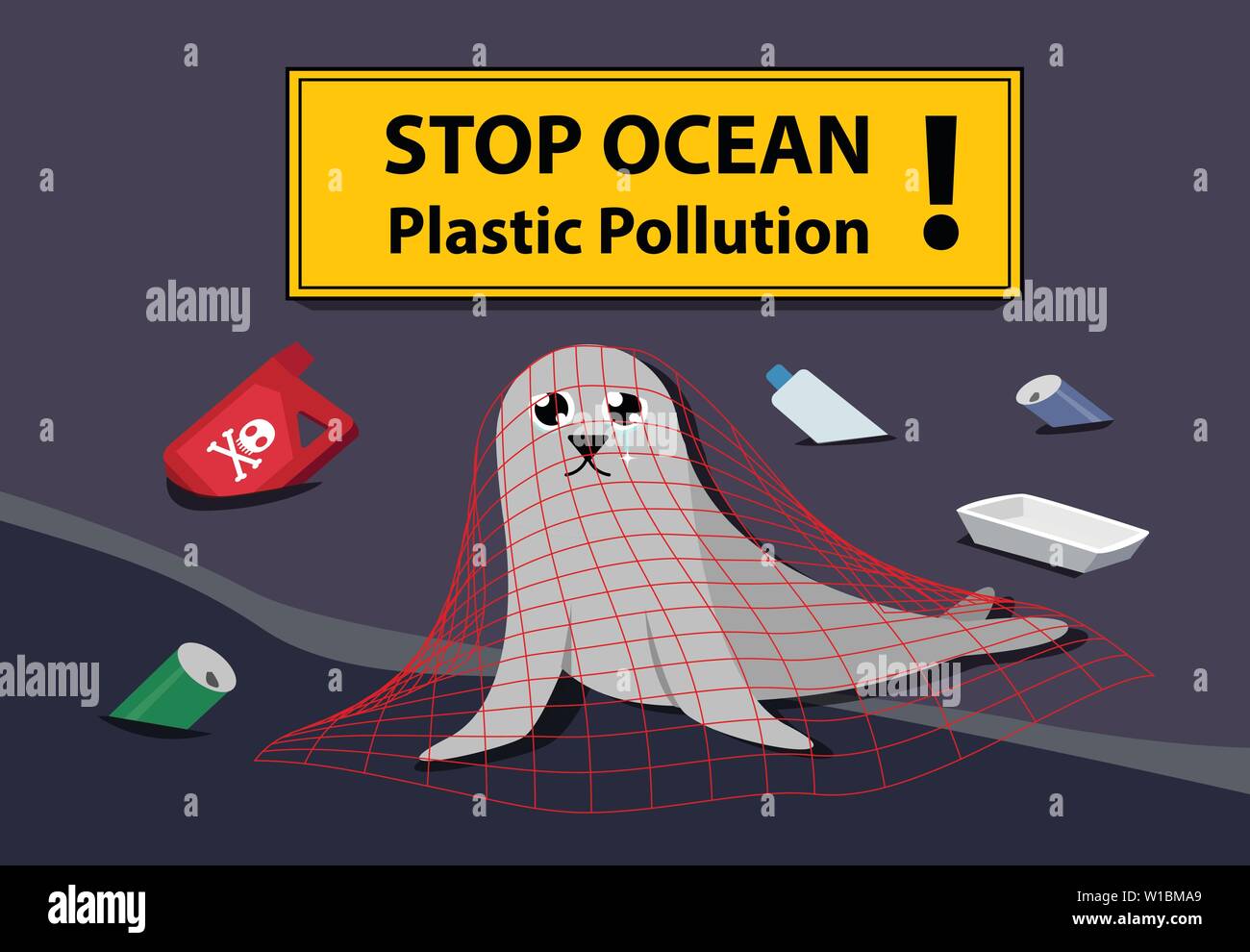 Sad seal stuck plastic net at sea pollution vector art Stock Vector