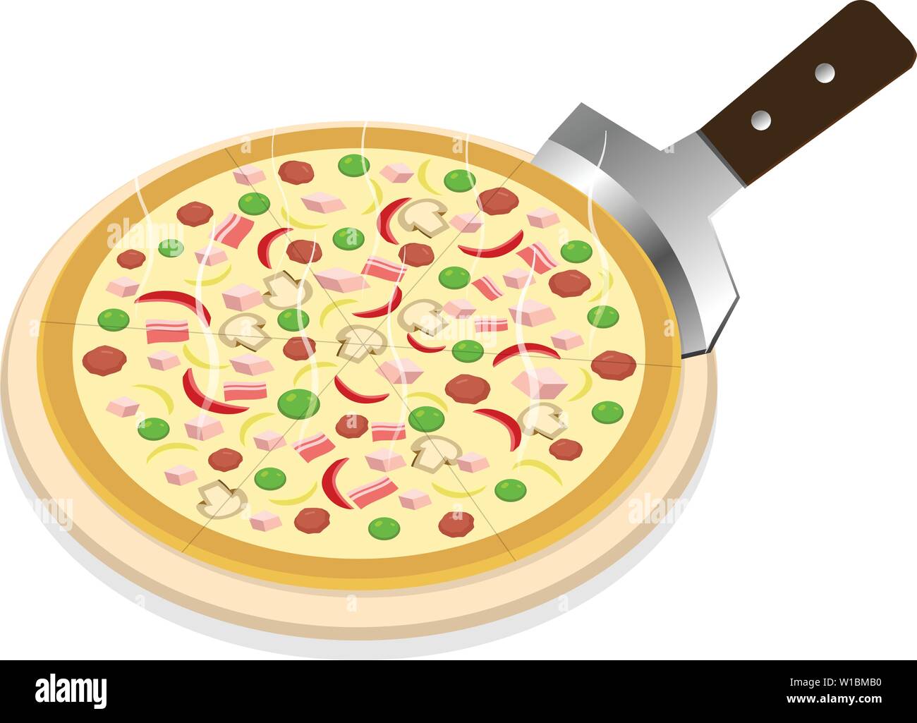 Perspective, Pizza on wooden tray on white, vector art Stock Vector