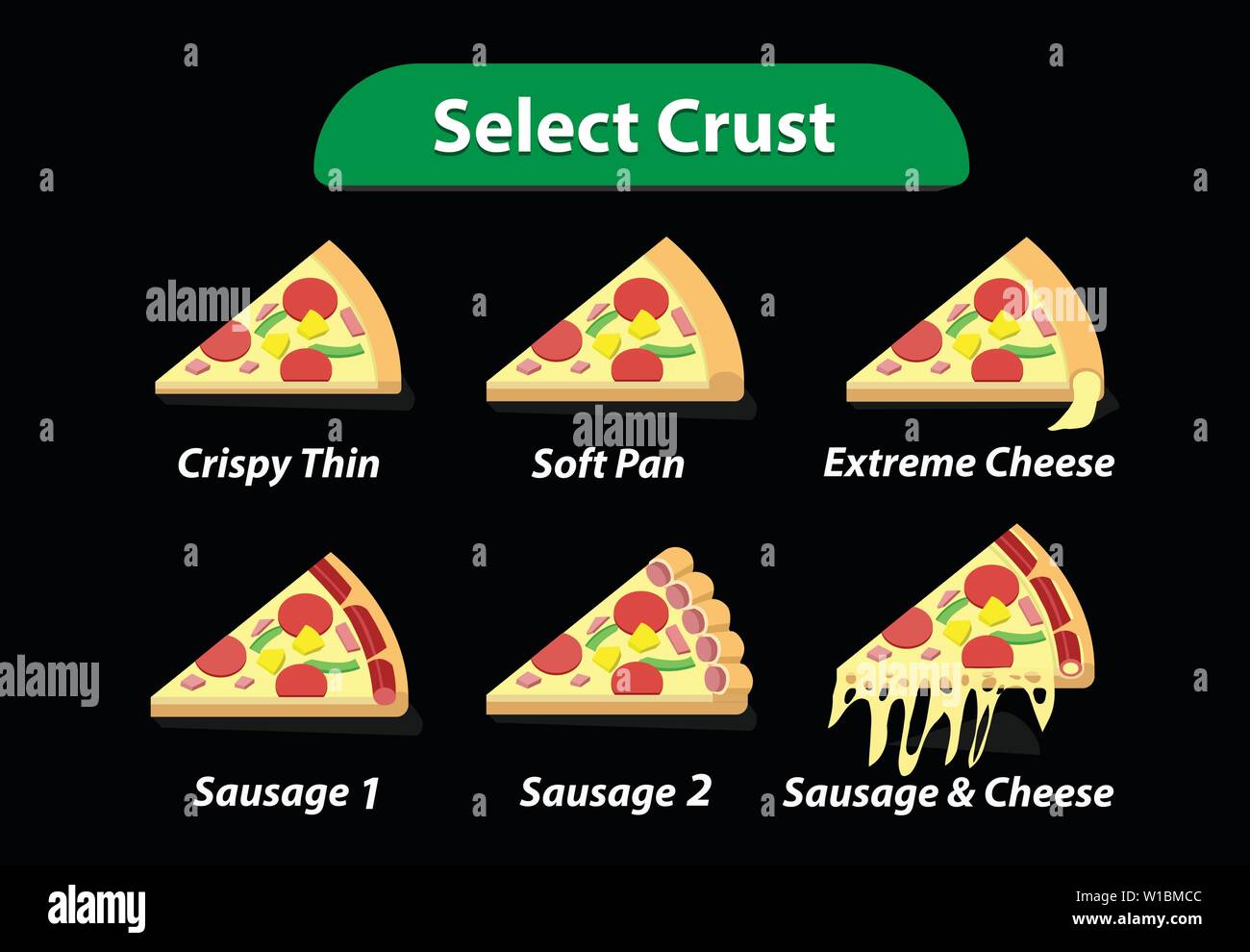 Type of pizza crust for select, vector art design Stock Vector Image