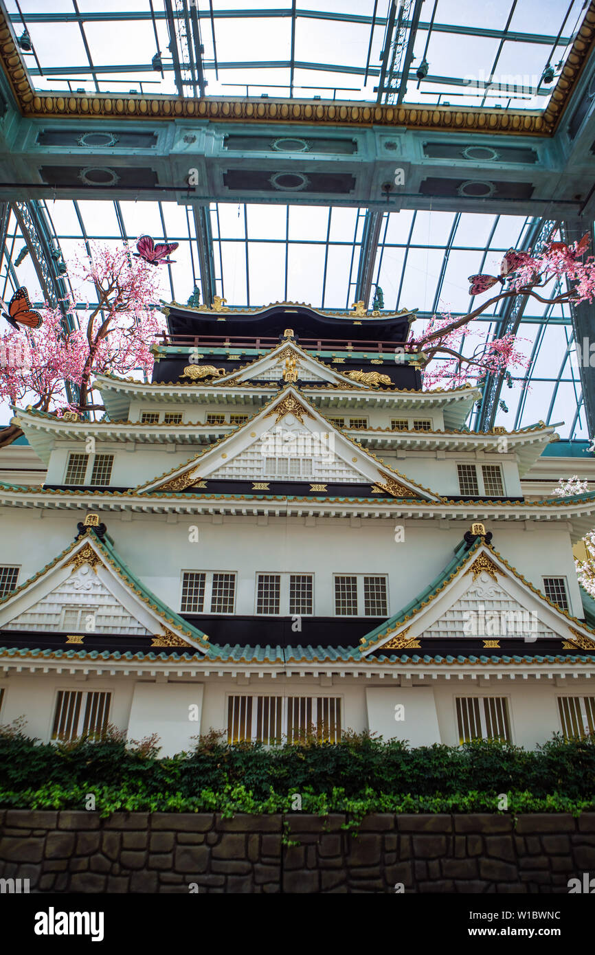 Osaka Castle in Japanese Spring, Bellagio Hotel and Casino Conservatory & Botanical Gardens in Las Vegas, Nevada, USA Stock Photo