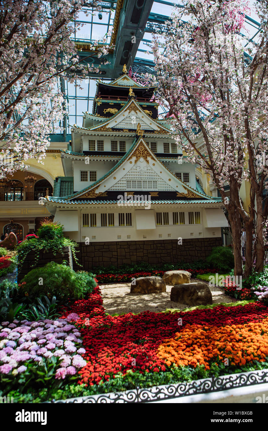 Osaka Castle in Japanese Spring, Bellagio Hotel and Casino Conservatory & Botanical Gardens in Las Vegas, Nevada, USA Stock Photo
