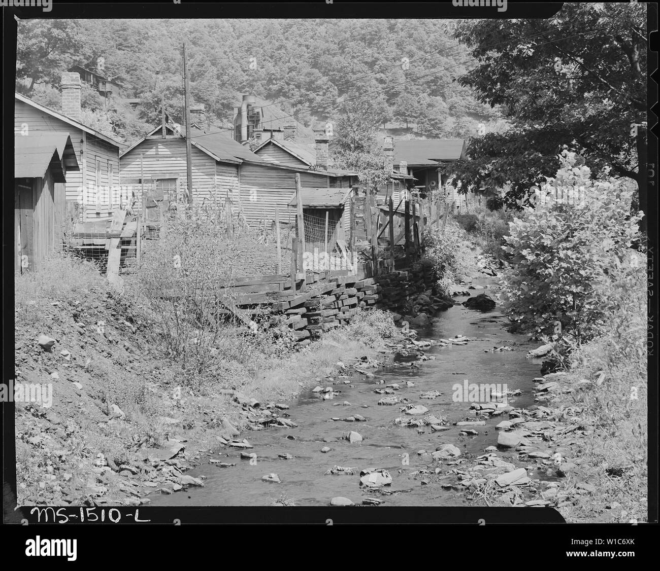 Debrisstrewn stream which runs back of houses. Seepage from privies pollutes stream. Gilliam