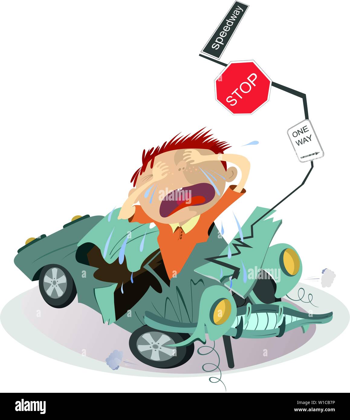 Road accident and sobbing man in the crashed car illustration. Upset crying man and car rams into the road signs isolated illustration Stock Vector