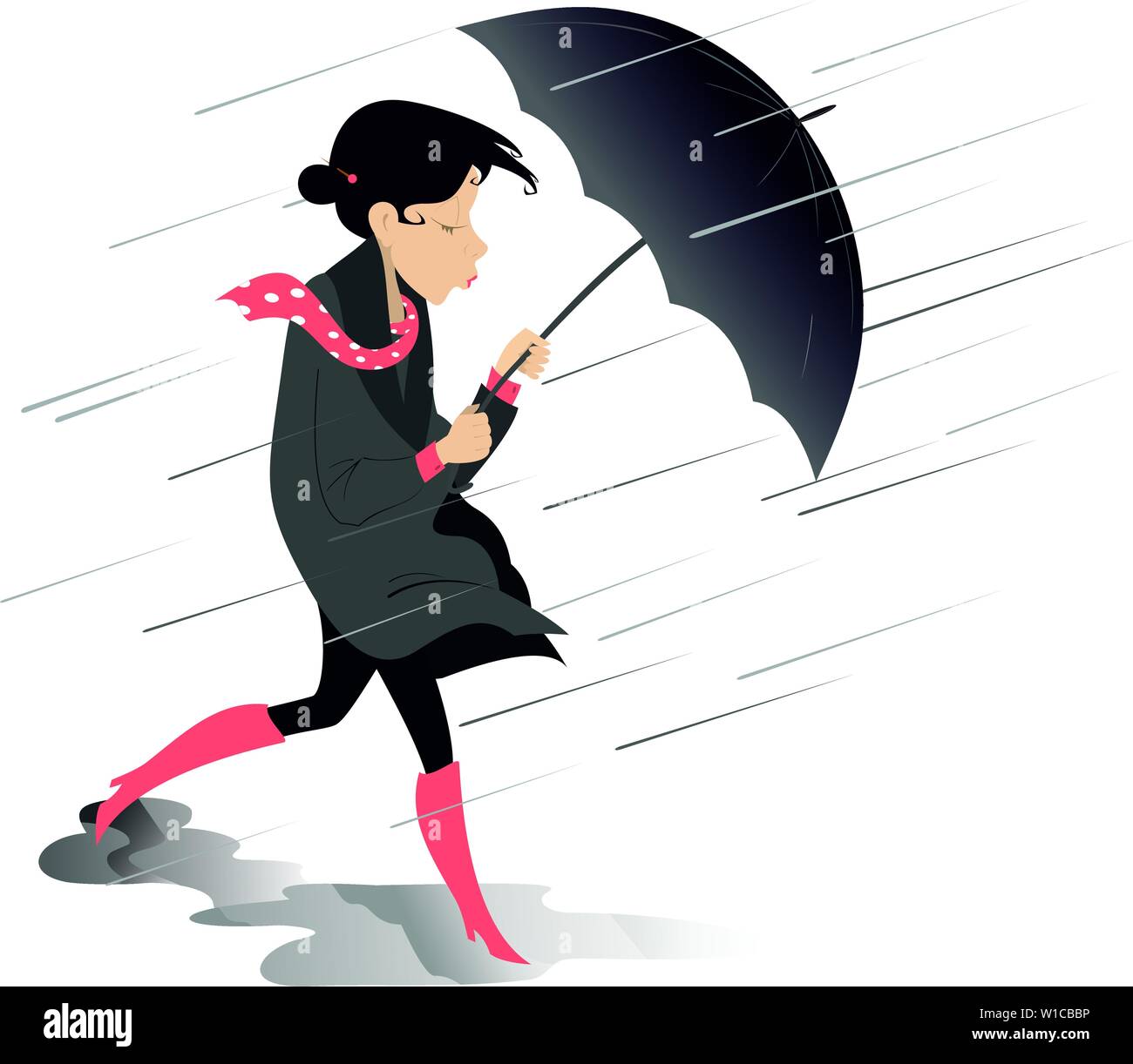 Strong wind, rain and woman with umbrella isolated illustration