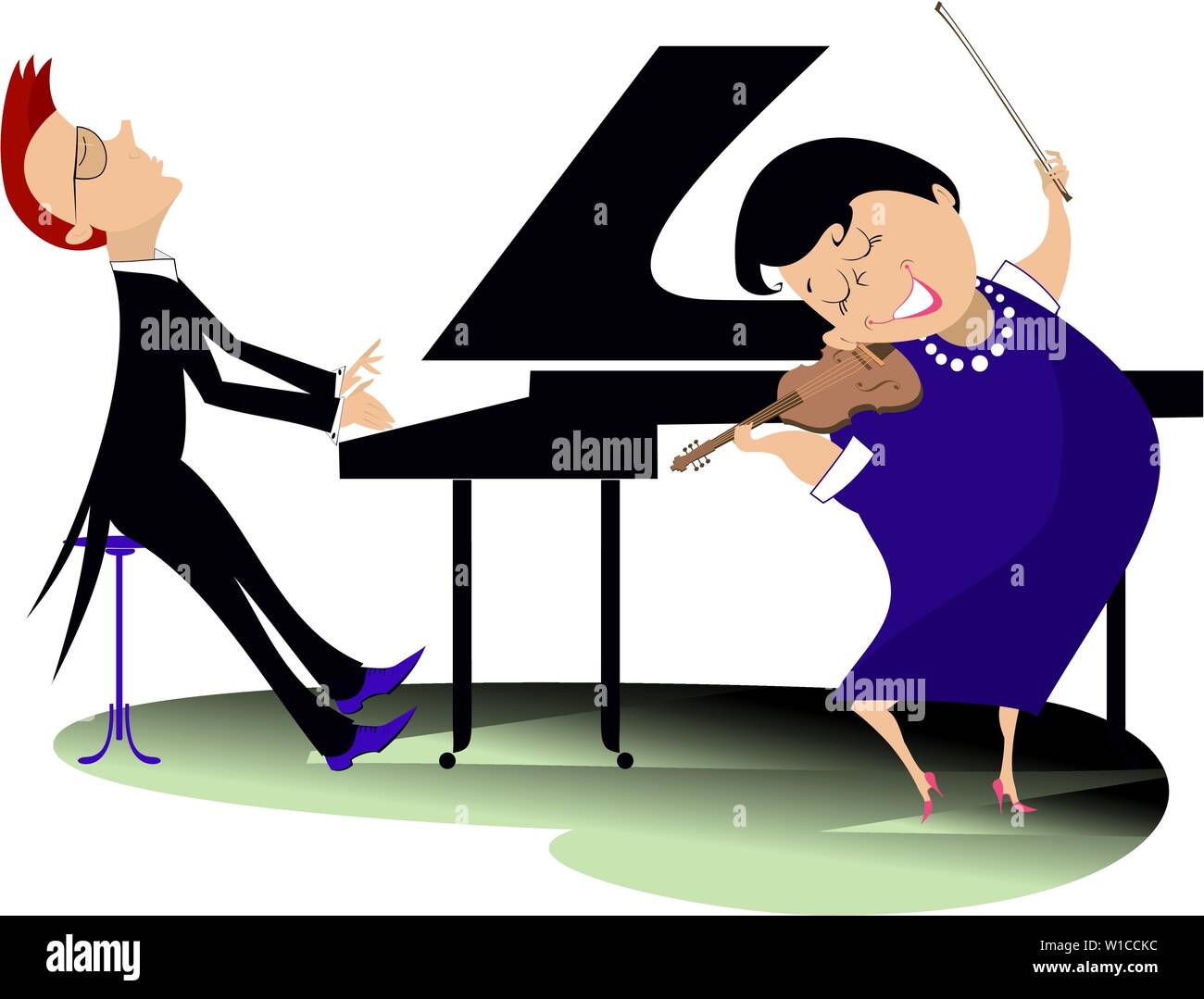 Couple musicians play music on violin and piano isolated illustration