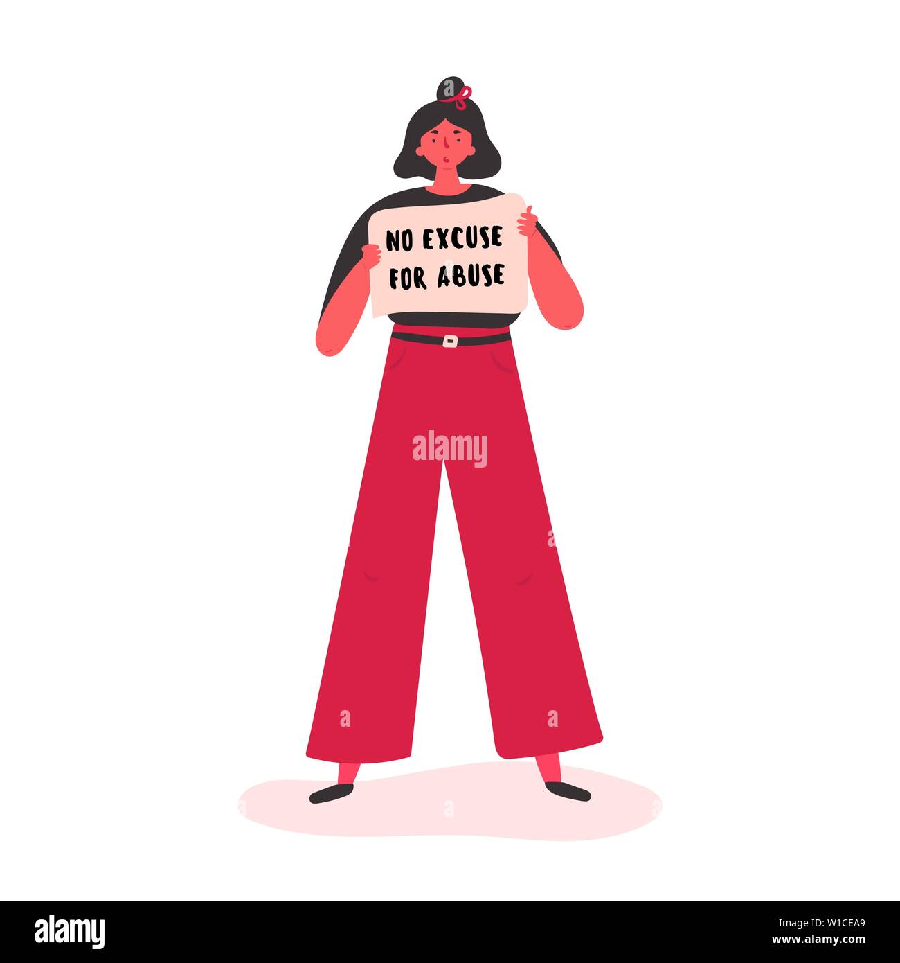 A young woman holds a poster with text No excuse for abuse and protects humen s rights.Girl defends the interests of feminism and protects the rights Stock Vector