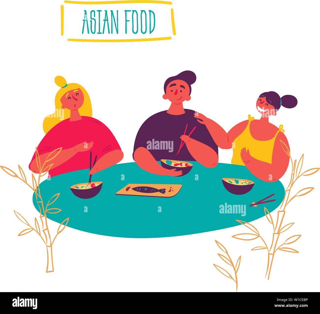 Keto Asian food. Young friends eating rice in a thai restaurant with chopsticks. Girls and boy eat hot spicy shirataki fried food from wok. People. Ve Stock Vector