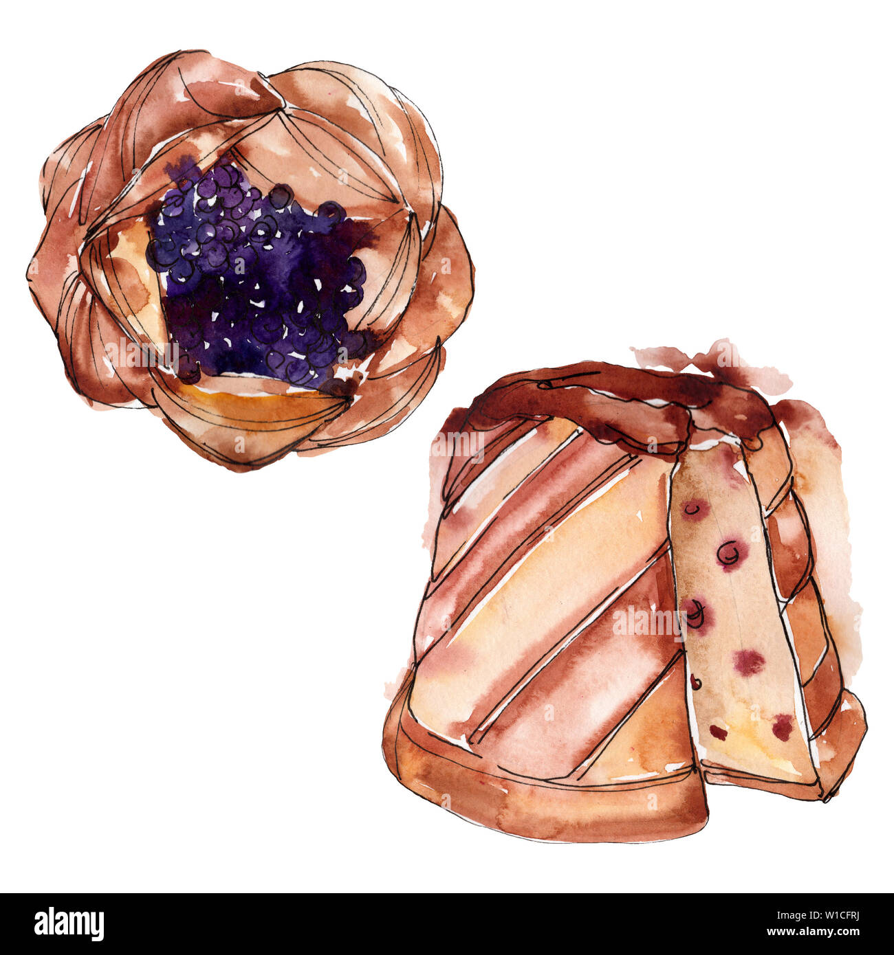Tasty cake and bun sweet dessert. Watercolor background illustration ...