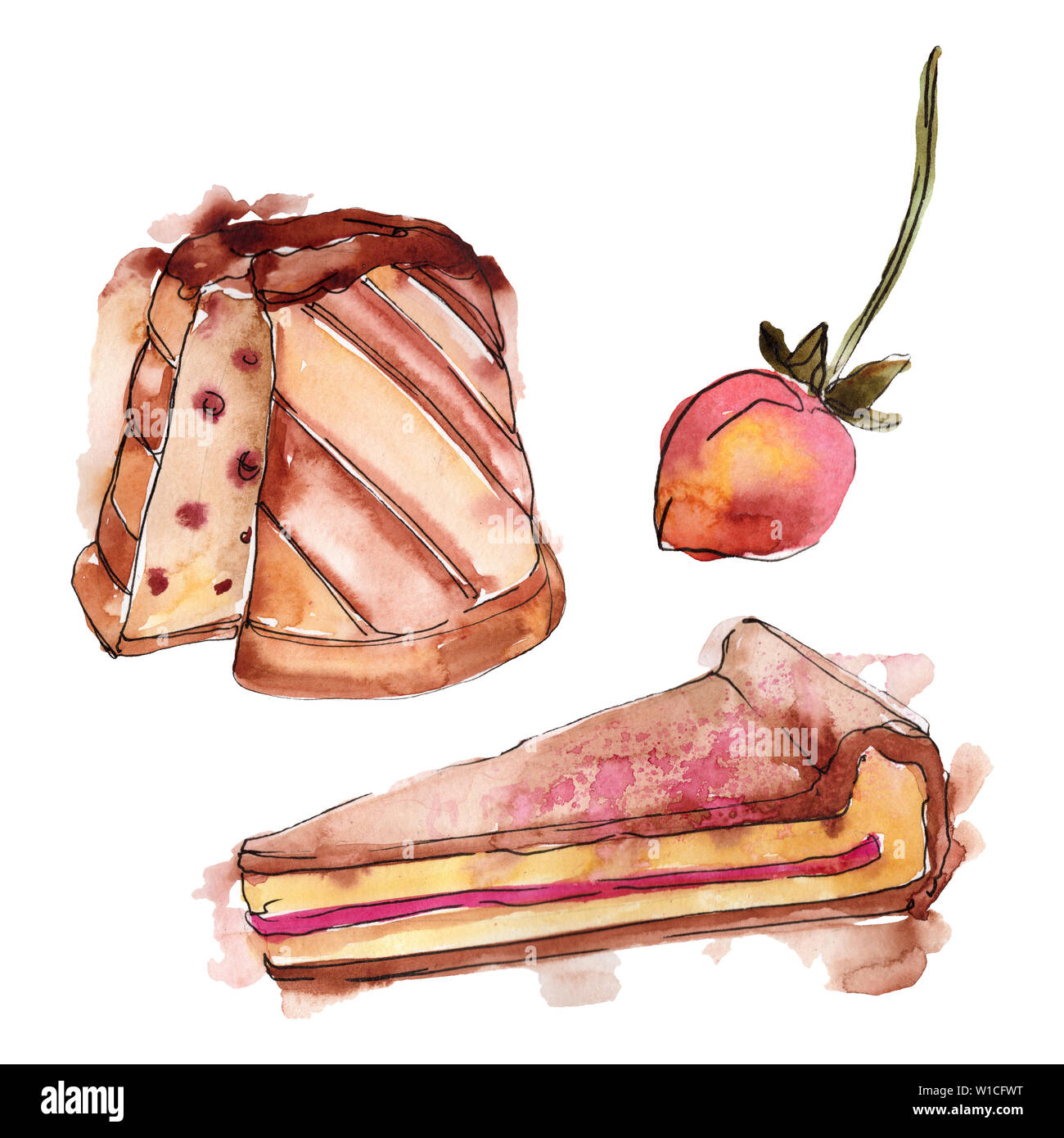 Tasty cake and bun sweet dessert. Watercolor background illustration ...
