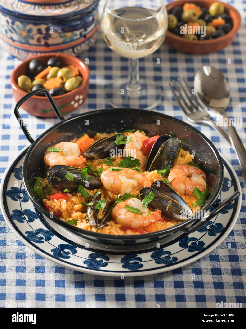Arroz con mariscos.  Portuguese seafood rice. Portugal Food Stock Photo