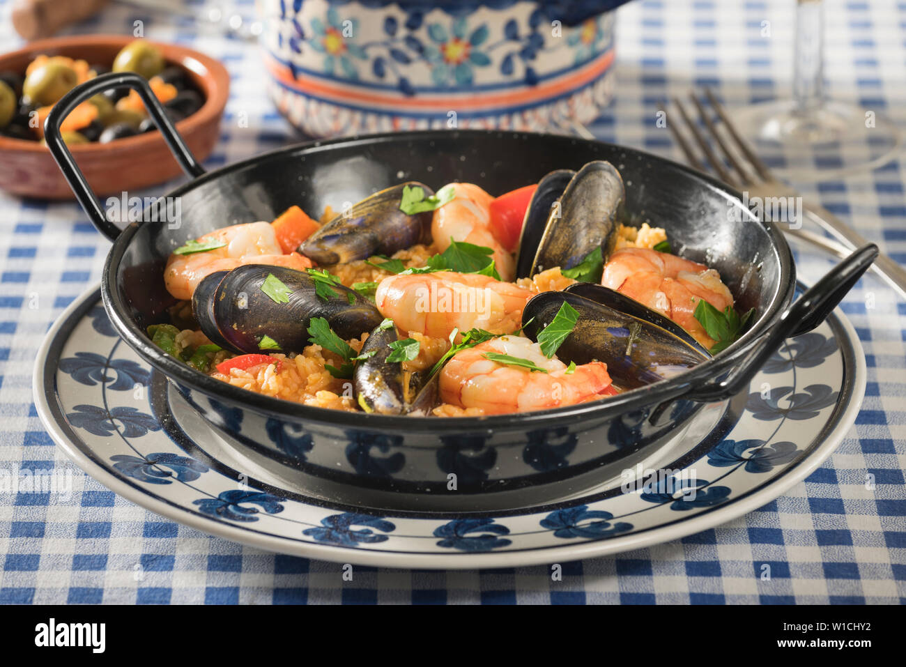 Arroz con mariscos.  Portuguese seafood rice. Portugal Food Stock Photo