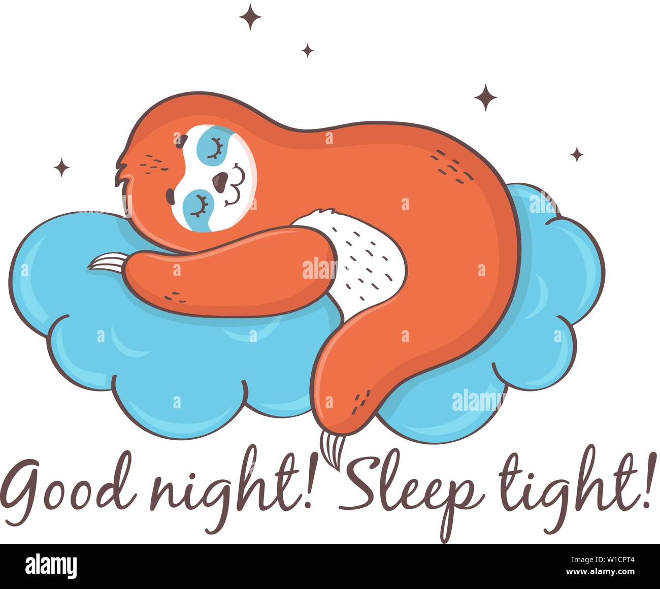 Sloth sleeping on a cloud. Good night! Sleep tight! Cute vector illustration isolated on white background. Stock Vector