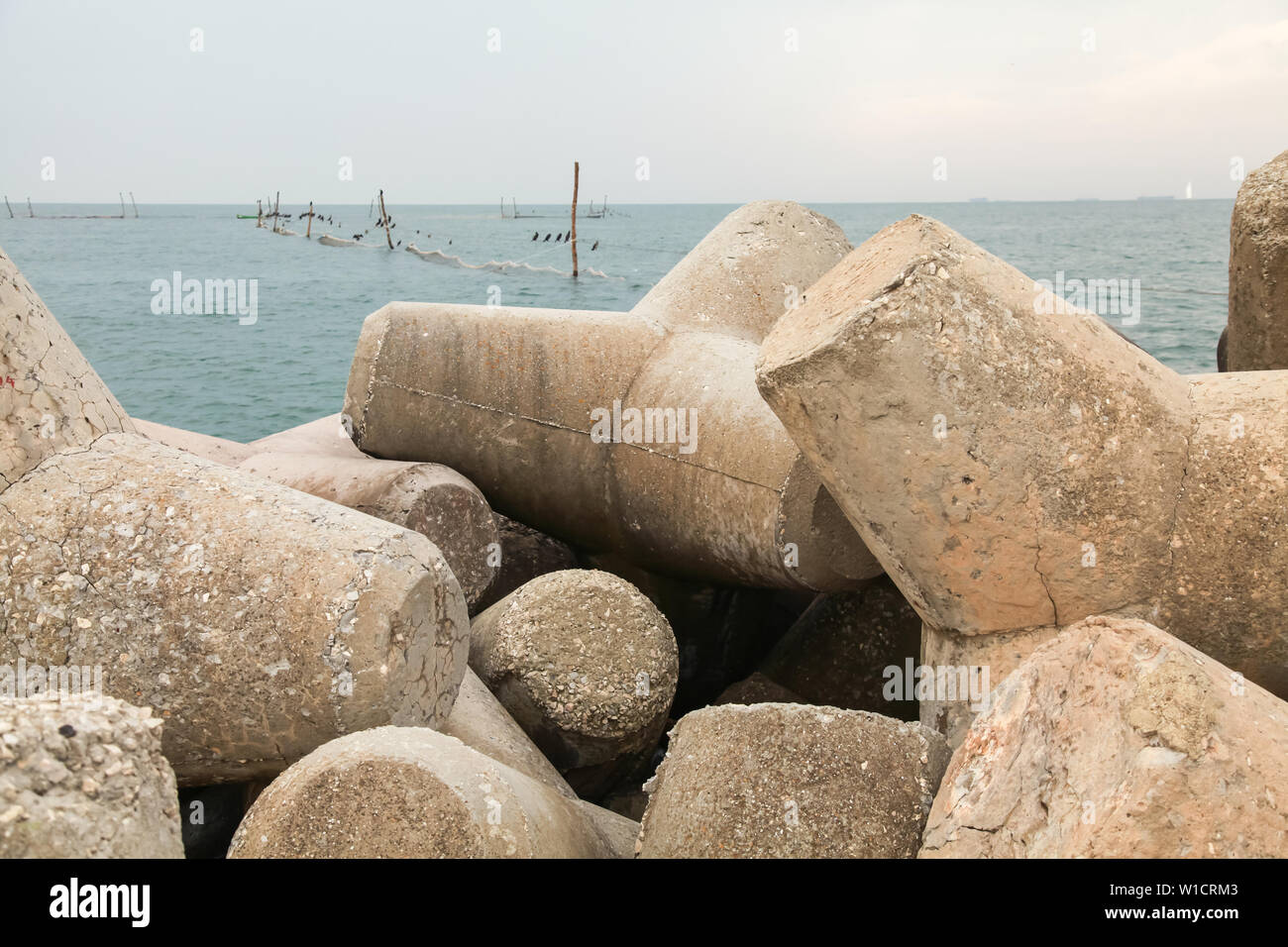 Concrete breakwater, protection wall made of massive tetrapods. Black sea coast, Varna, Bulgaria