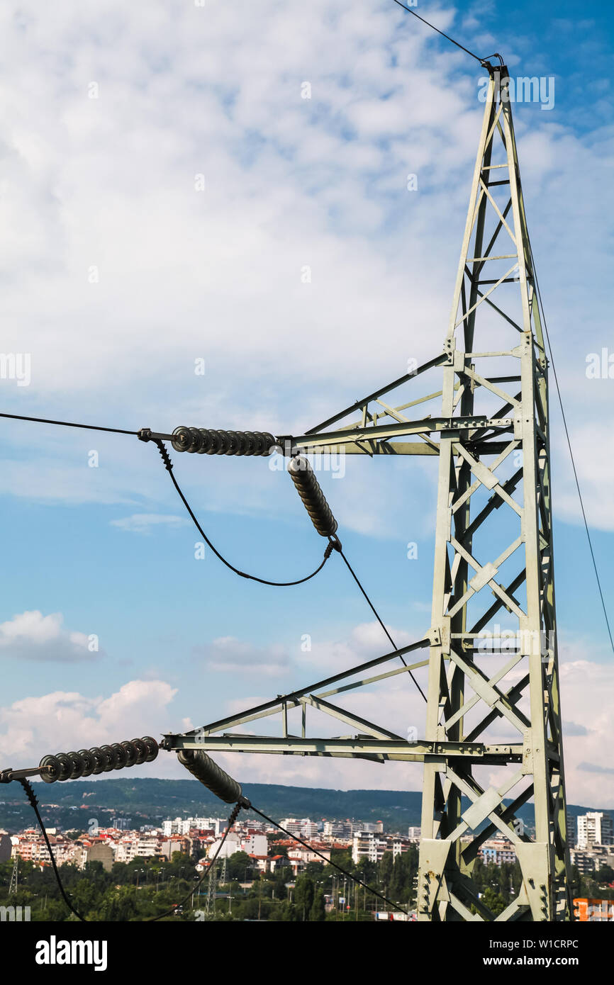 Transmission power structure. Steel lattice tower, used to support an overhead power line Stock Photo
