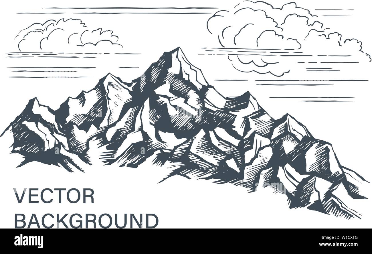 Rocks vector sketch. The tops of the mountains on the horizon. Freehand illustration. Black and white image isolated on a white background with space Stock Vector