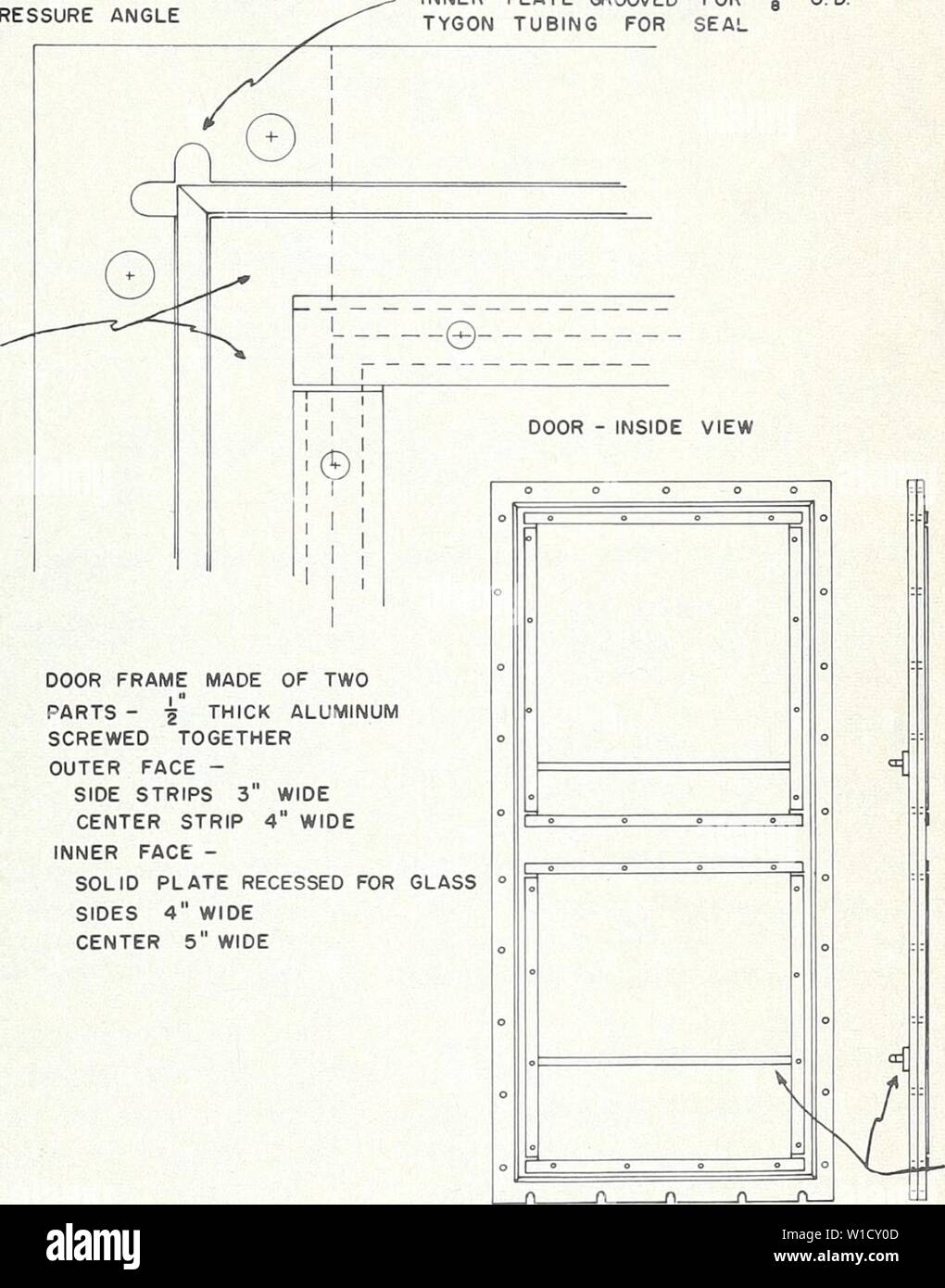 Archive image from page 8 of Design and operation of a. Design and operation of a carbon-14 biosynthesis chamber . designoperationo911smit Year: 1962  ///////A â] TYGON TUBING BOLT HEADS WELDED TO DOOR FRAME 10 BOLTS ON EACH SIDE 5 ON TOP AND BOTTOM SPACING â 2' FROM CORNERS 6-Jr' APART SPACER BAR â Â§' THICK BY l' WIDE BETWEEN DOOR FRAME ANGLE AND PRESSURE ANGLE RUNS LENGTH OF PRESSURE ANGLE INNER PLATE GROOVED FOR ' 0. D. TYGON TUBING FOR SEAL WHEN SEALING DOOR CALKING COMPOUND IS PLACED AROUND FRAME BETWEEN TYGON TUBING AND PRESSURE ANGLES SUPPORTING GLASS    SCREWED TOGETHER OUTER FACE - Stock Photo