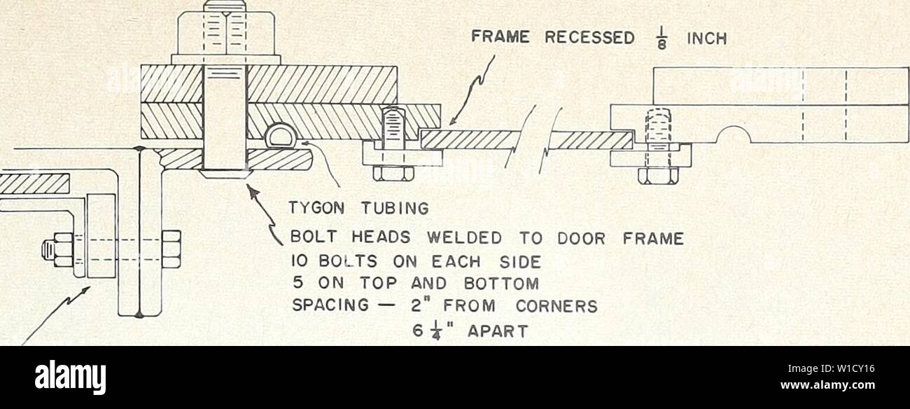 Archive image from page 8 of Design and operation of a. Design and operation of a carbon-14 biosynthesis chamber . designoperationo911smit Year: 1962  ///////A â] TYGON TUBING BOLT HEADS WELDED TO DOOR FRAME 10 BOLTS ON EACH SIDE 5 ON TOP AND BOTTOM SPACING â 2' FROM CORNERS 6-Jr' APART SPACER BAR â Â§' THICK BY l' WIDE BETWEEN DOOR FRAME ANGLE AND PRESSURE ANGLE RUNS LENGTH OF PRESSURE ANGLE INNER PLATE GROOVED FOR ' 0. D. TYGON TUBING FOR SEAL WHEN SEALING DOOR CALKING COMPOUND IS PLACED AROUND FRAME BETWEEN TYGON TUBING AND PRESSURE ANGLES SUPPORTING GLASS Stock Photo