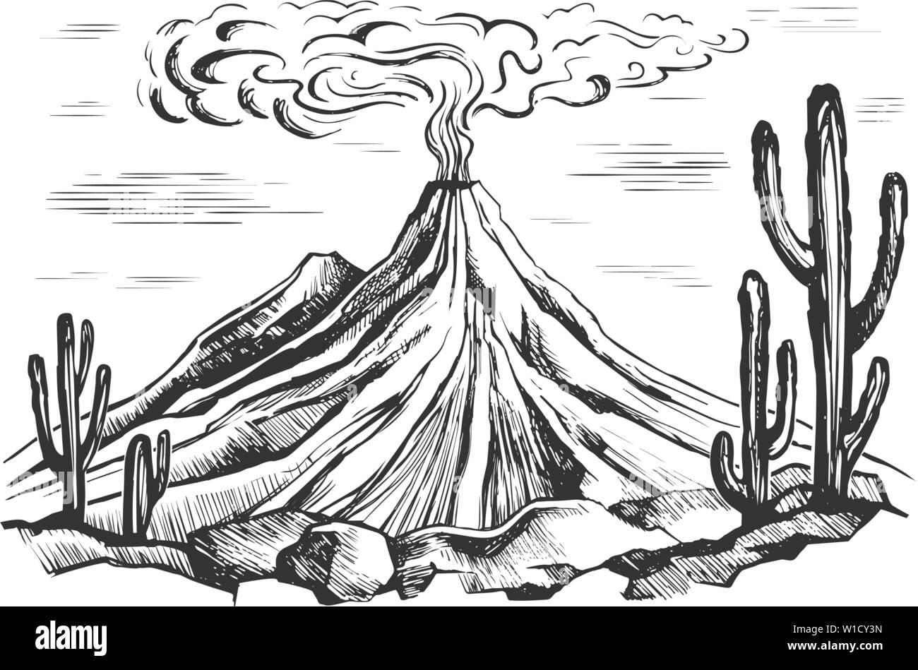 Vector sketch landscape volcanic eruption Stock Vector