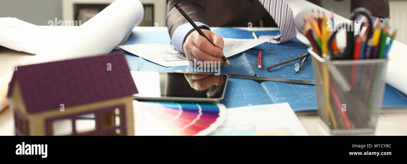 Workman Drafting Building Reconstruction Project Stock Photo