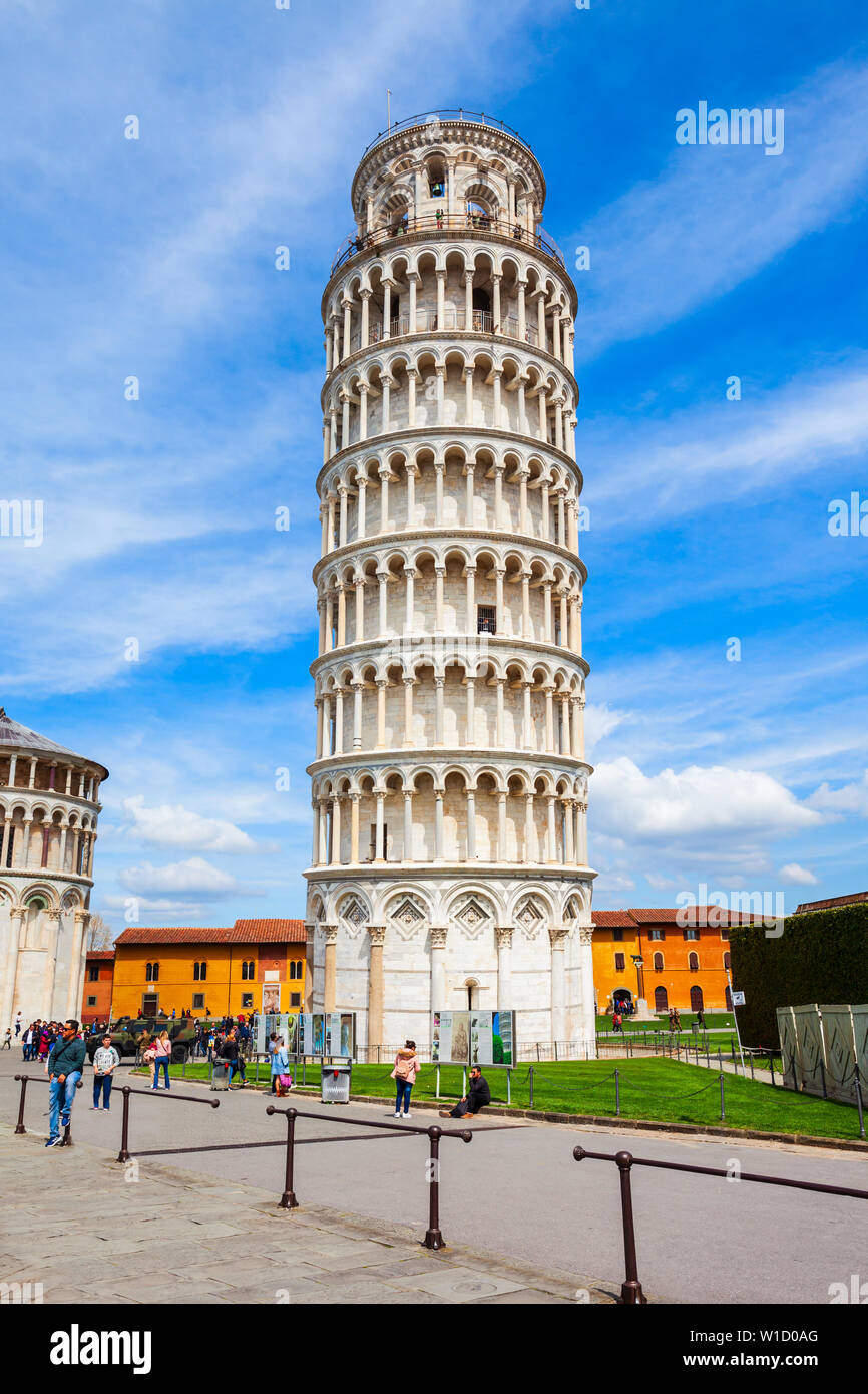 PISA, ITALY - APRIL 06, 2019: The Pisa Leaning Tower at the Piazza dei Miracoli or the Square of Miracles in Pisa, Italy Stock Photo