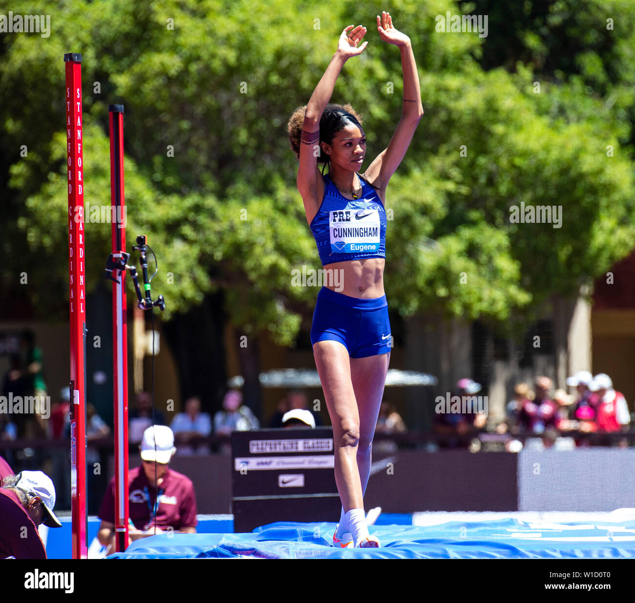 Stanford, CA. 30th June, 2019. Vashti Cunningham waves to the fans after her last attempt settles for 2nd place. Vashti set a personal best of 6-6 3/4 at the Women's High Jump during the Nike Prefontaine Classic at Stanford University Palo Alto, CA. Thurman James/CSM/Alamy Live News Stock Photo