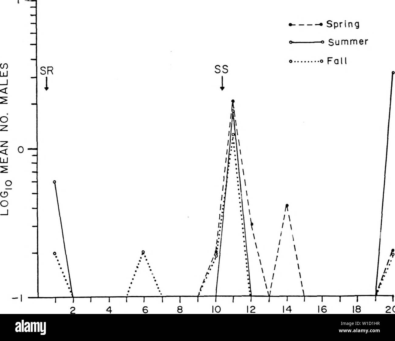 Archive image from page 84 of Diel and seasonal activities of. Diel and seasonal activities of Culicoides spp. Near Yankeetown, Florida . dielseasonalacti00lill Year: 1985  73 I —, • • Spring -o Summer    10 12 14 COLLECTION PERIOD Figure 16. Diel periodicity of C . barbosai males collected in a vehicle-movmted trap during different seasons. Stock Photo